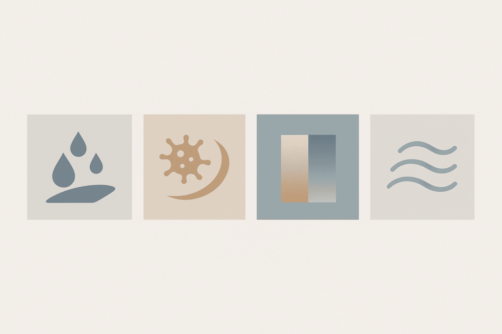 Iconos minimalistas que representan funciones de pinturas inteligentes: repelencia al agua, acción antibacteriana, regulación térmica y purificación del aire.