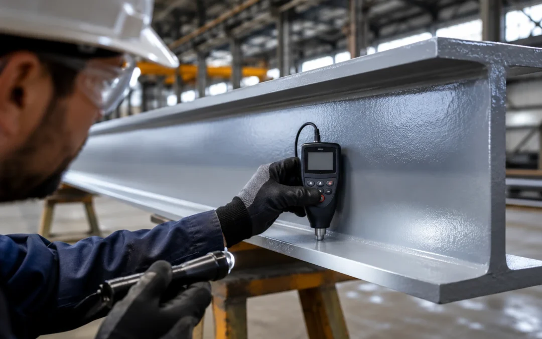 Técnico realizando el control de calidad en pintura industrial mediante la medición del espesor de un recubrimiento sobre una estructura metálica.