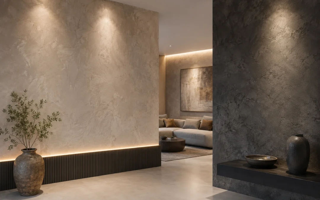 Paredes con pintura decorativa de alto nivel en una vivienda de lujo con acabados texturizados y diseño interior contemporáneo.