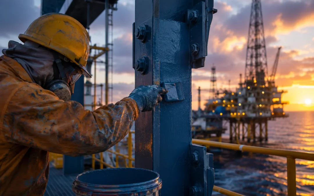 Aplicación de pintura industrial en entornos extremos sobre una estructura metálica en una plataforma offshore para proteger frente a la corrosión.